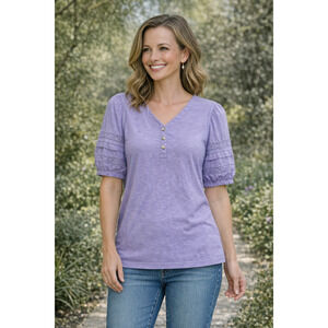 Lauren Ralph Lauren Black Label Lace-Trim Jersey Puff-Sleeve Henley Tee, Size M